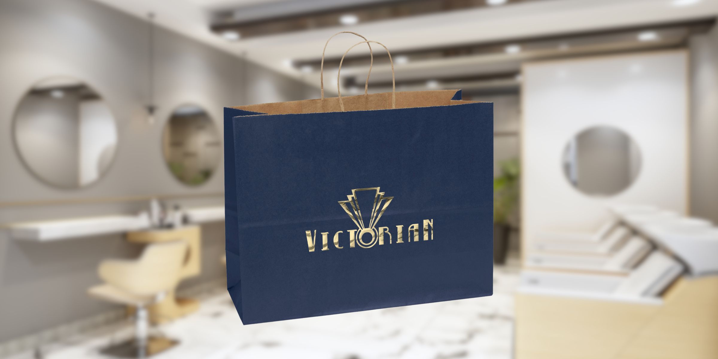 blue tote with custom Victorian logo