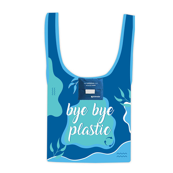blue tote bag with text bye bye plastic